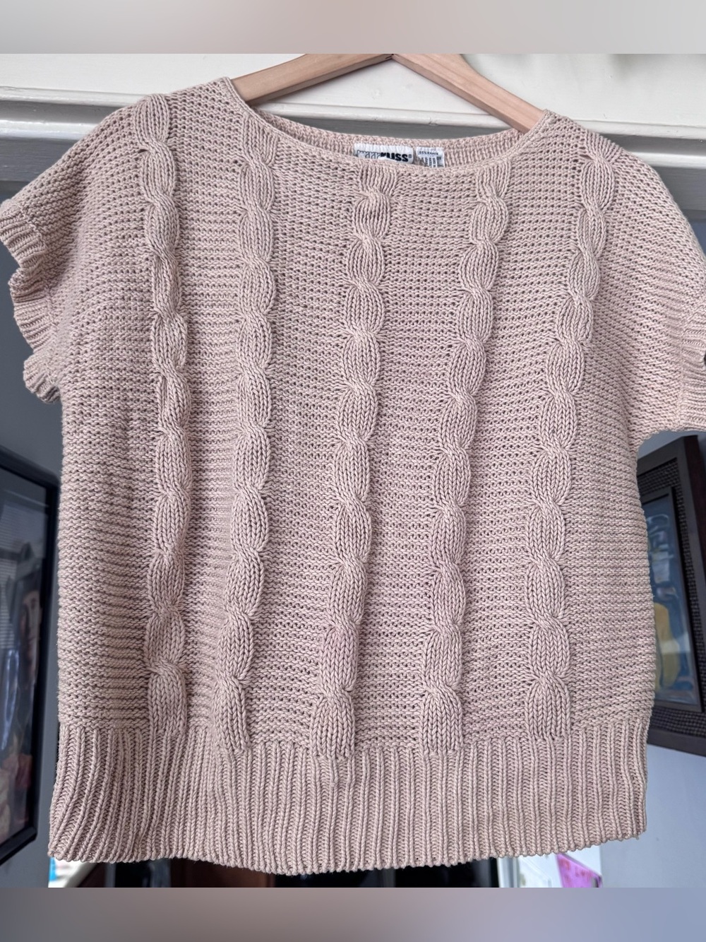 Russ togs vintage cable knit cream tan short sleeve r sweater crewneck sz m vtg